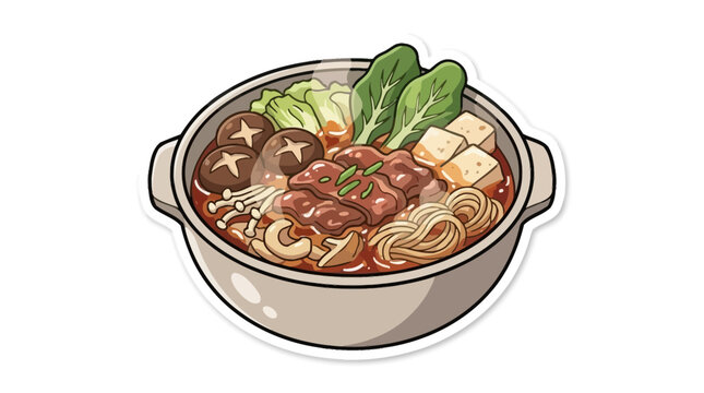 Japanese hot pot bowl with meat and vegetables.