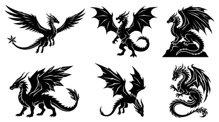 Naklejka premium Dynamic flying dragon silhouettes in action poses