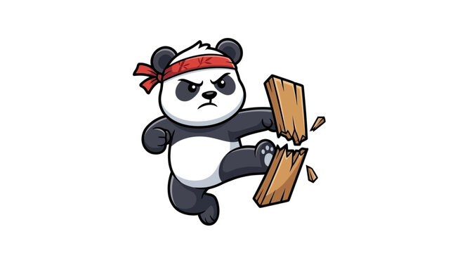 Karate panda character breaking a wooden board.