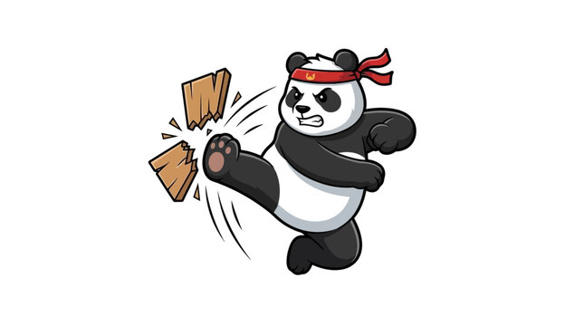 Karate panda kicking through a wooden board.