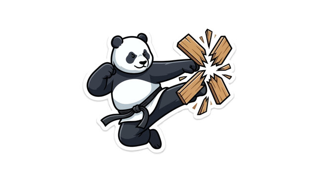 Karate panda mascot breaking a wooden board.
