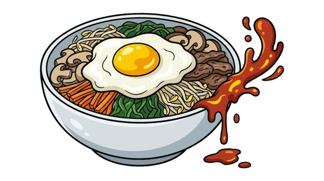 Korean bibimbap bowl with fried egg and sauce.