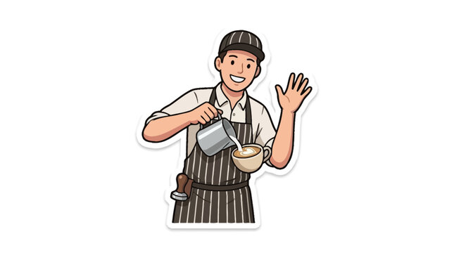 Male barista pouring steamed milk into coffee sticker.
