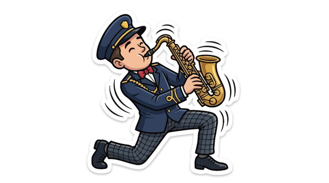 Male jazz musician playing golden saxophone.