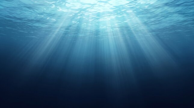 Direct upward angle of bright sunlight beams piercing deep blue ocean water