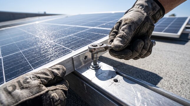 Side profile perspective of technician hand operating ratchet on solar bracket
