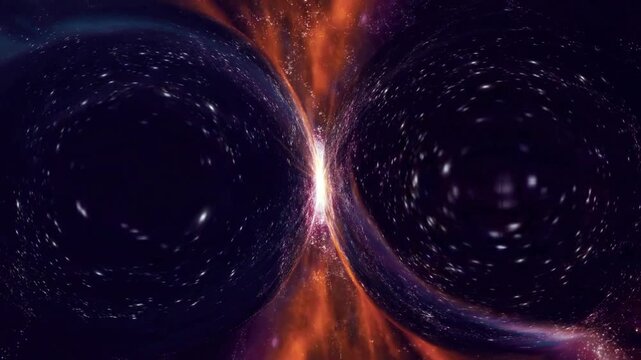 Two portals or black holes swirling in the middle of space, separated by a brilliant flash of stellar energy.