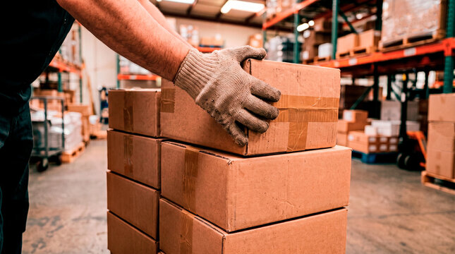 Warehouse worker stacking cardboard boxes with gloved hands