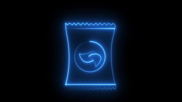 L o gen Bag Neon Light Icon Concept Animation, Glowing Blue Neon L o gen Snack Package Illustration and Abstract Neon Sign of l o gen  Pack on Black Background.