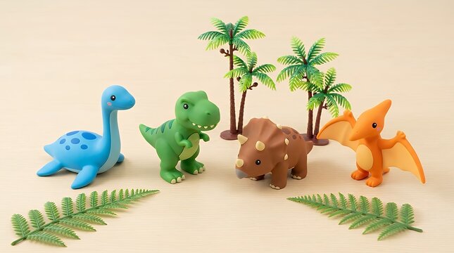 Adorable Childrens Prehistoric Dinosaur Collection Featuring Aquatic Carnivorous Herbivorous And Flying Reptile Species With Tropical FoliageOn Plain Surface dinosaurs cute children kids