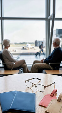 Vertical photo of passport covers and luggage tags on table. Blurred senior couple waiting at airport terminal window