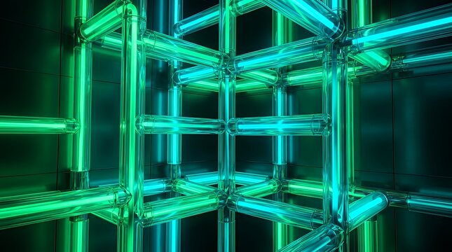 Futuristic Luminescent Tube Grid Artwork Emitting Electric Emerald and Cyan Glow 3D Graphic neon abstract background glowing 3d rendering neon tubes green blue futuristic lighting technology cyan