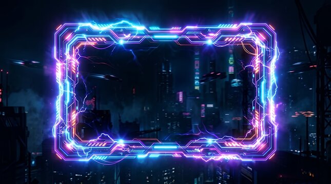 Glowing Electric Border Grid with Backlit Illumination Dark Cyberpunk Space Concept neon frame glow effects dark background backlight abstract futuristic border lighting electric cyberpunk bright