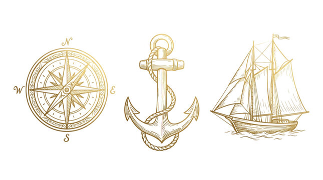Gold Nautical Illustration Set Featuring a Vintage Compass Rose, a Marine Anchor Wrapped in Rope, and a Traditional Two-Masted Sailing Ship Isolated on a White Background.