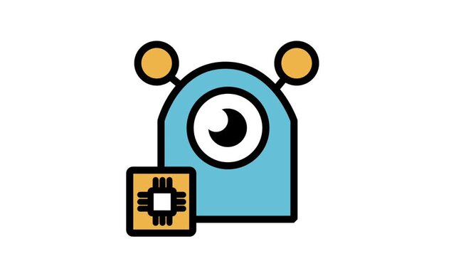 AI Surveillance Motion Icon. Animated one eyed alien robot head icon connected with CPU microchip processor representing artificial intelligence surveillance monitoring.