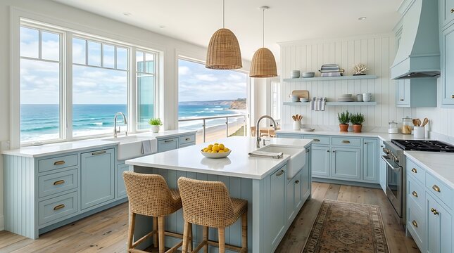 Modern coastal kitchen with ocean view and light blue cabinetry.