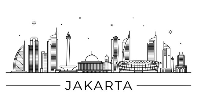 Jakarta city skyline line art illustration on white background.