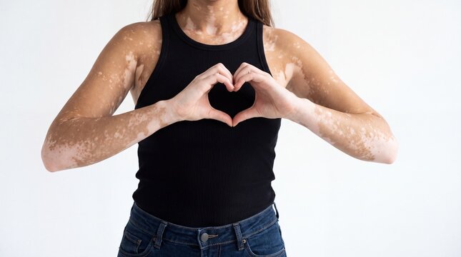 Woman with vitiligo making heart shape with hands.