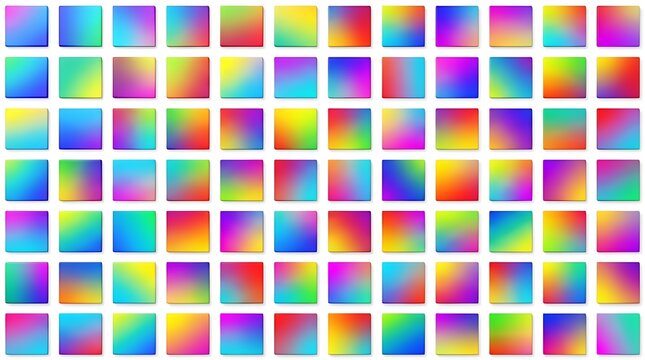Vibrant geometric grid of colorful solid squares arranged in spaced array over pristine white base featuring bright multicolor gradients across individual elements abstract geometric background