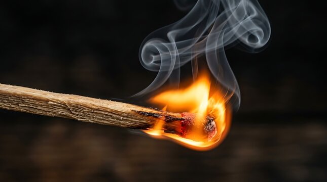 A burning wooden matchstick with bright orange flames and swirling smoke against a dark background.