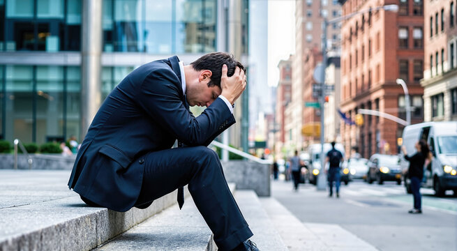 Stressed businessman sitting on concrete steps in city. Depressed man in suit with head in hands outdoors. Job loss and financial crisis concept