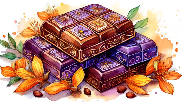 Artisanal chocolate bars decorated with floral patterns and flowers