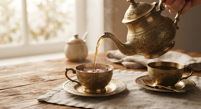 Pouring hot tea from a vintage metal teapot into a cup