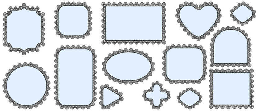 Black garden lace floral crochet borders wrap cerulean heart, circle, arch, diamond plus cross frames on white as vintage textile trim set for wedding invitation labels or scrapbook craft projects.