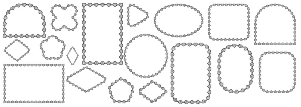 Black heart lace border frames form scalloped crochet trim around oval, circle, rectangle plus arch shapes as romantic decorative edges isolated on white background for wedding stationery.