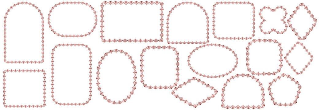 Burgundy folk floral lace borders outline arch, oval, square, diamond plus quatrefoil frames with fine embroidery trim as vintage decorative set isolated on white for wedding invitations or labels.