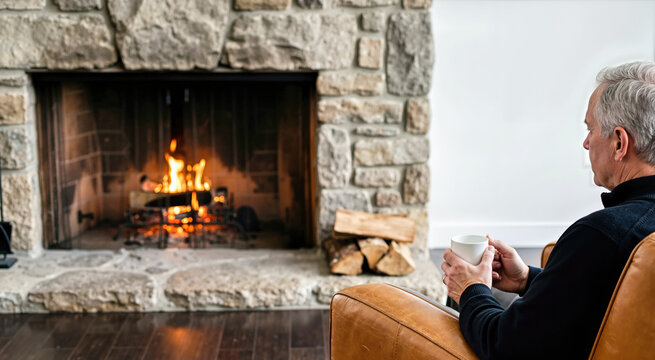 Older man sitting in a leather armchair by a stone fireplace. Senior male holding a mug and looking at the burning fire at home