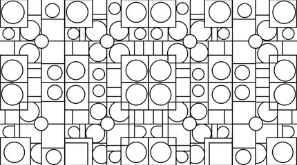 Obraz premium Geometric pattern illustration with squares and circles, black outline on white background, abstract design element
