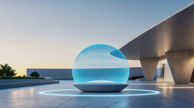 Futuristic outdoor plaza with a glowing blue glass sphere. Minimalist concrete building architecture at sunset. Modern glowing ring installation on concrete floor