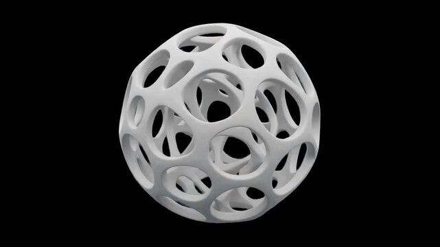 A smooth white 3D Voronoi wireframe sphere with circular organic cutouts isolated against a black backdrop. Perfect for scientific visualizations, biological cell motifs, modern tech intros, and minim