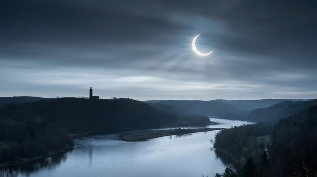 Crescent moon over peaceful river valley at night.