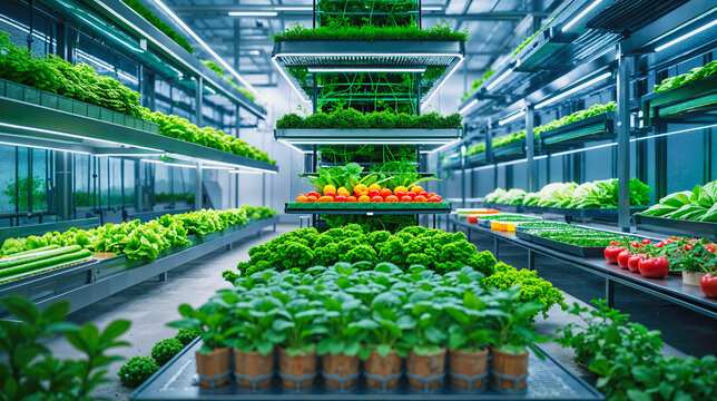 Automated vertical farm with hydroponic shelves and LED grow lights. Indoor agricultural facility cultivating fresh green vegetables and tomatoes