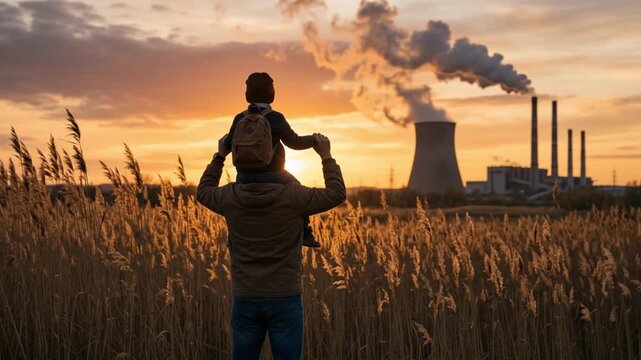 Father and child looking at industrial factory smoke at sunset