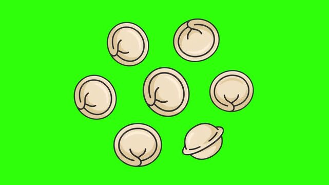 A top-view animated pattern of seven round dough dumplings arranged on a solid green chroma key background. Great for keyable food overlays, culinary show graphics, cooking blogs, and restaurant comme