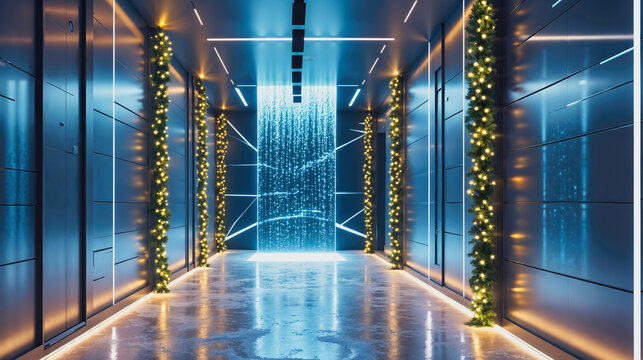 Futuristic hallway with digital projection of falling snow. Modern corridor interior with illuminated garlands and ambient lighting. Sci-fi holiday decoration concept