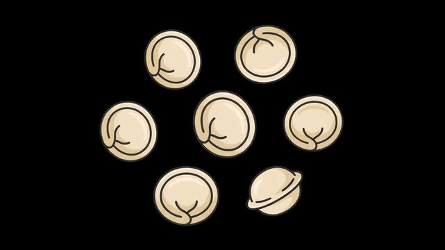 A top-down 2D animation displaying traditional round meat dumplings floating against a pitch-black background. Suitable for culinary videos, food promotion graphics, restaurant ads, and cooking tutori