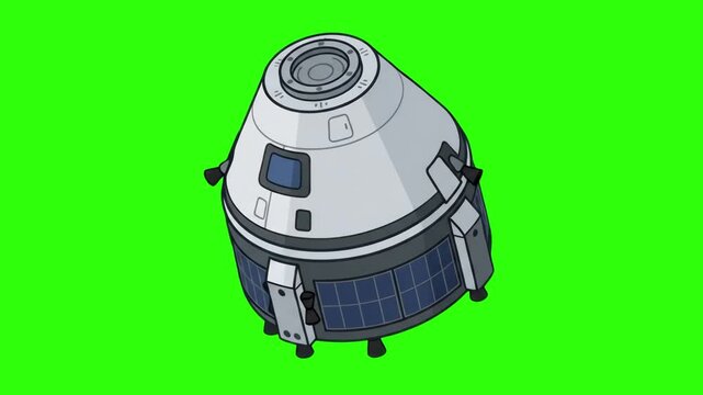 A clean 2D vector animation of a space crew capsule module designed for orbital re-entry against a solid green keying background. Ideal for space exploration videos, sci-fi animations, educational pro