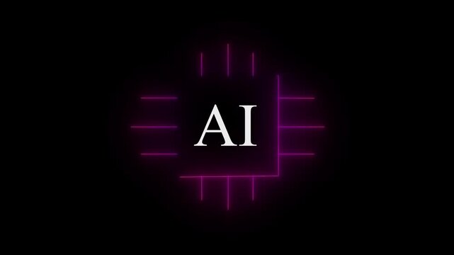 Glowing neon AI circuit board background. Computer motherboard with a chip, Processor with artificial intelligence AI. Minimal chip icon with AI text and circuit lines icon animation . 4K