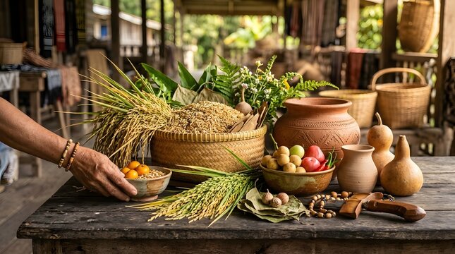 Traditional Sarawak Rice Harvest Arrangement on Wooden Table