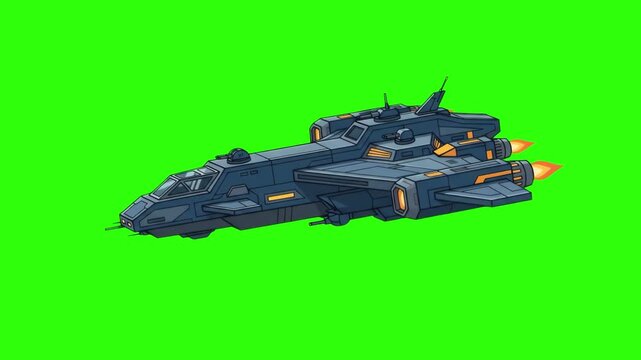 Futuristic dark blue sci-fi battle cruiser spaceship with wings and detailed thrusters flying on a chroma key green backdrop. Ideal for space combat movie VFX, sci-fi trailers, gaming assets, and vide