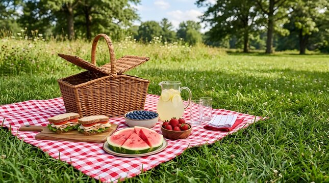 Summer Picnic with Food on Red Checkered Blanket in Park