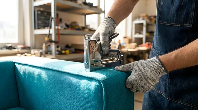 Professional Craftsman Using Staple Gun to Reupholster a Blue Fabric Sofa in a Carpentry Workshop