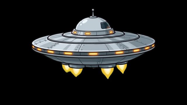 A retro-styled alien UFO spaceship hovering with glowing thrusters against a dark starry space background. Suitable for science fiction animations, alien invasion themes, conspiracy concept videos, an