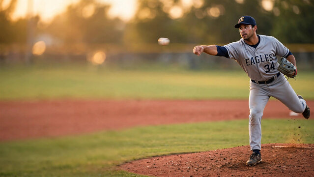 Professional baseball pitcher throwing a fast pitch from the mound during sunset
