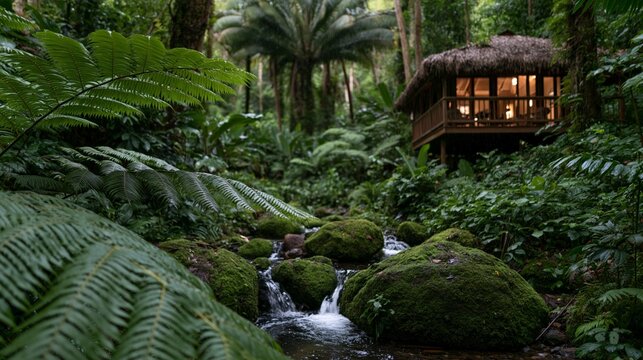 tropical jungle hut beside a rainforest stream during gentle rain