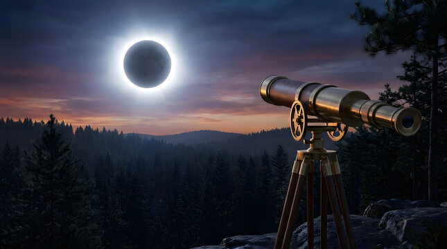 Brass telescope aimed at solar eclipse in forest.